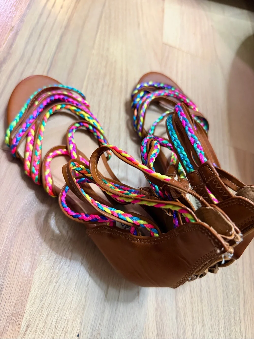 Steve Madden tracey Girls Wedge Sandals Brown Rainbow Youth 5 Fits Womens 6.5-7